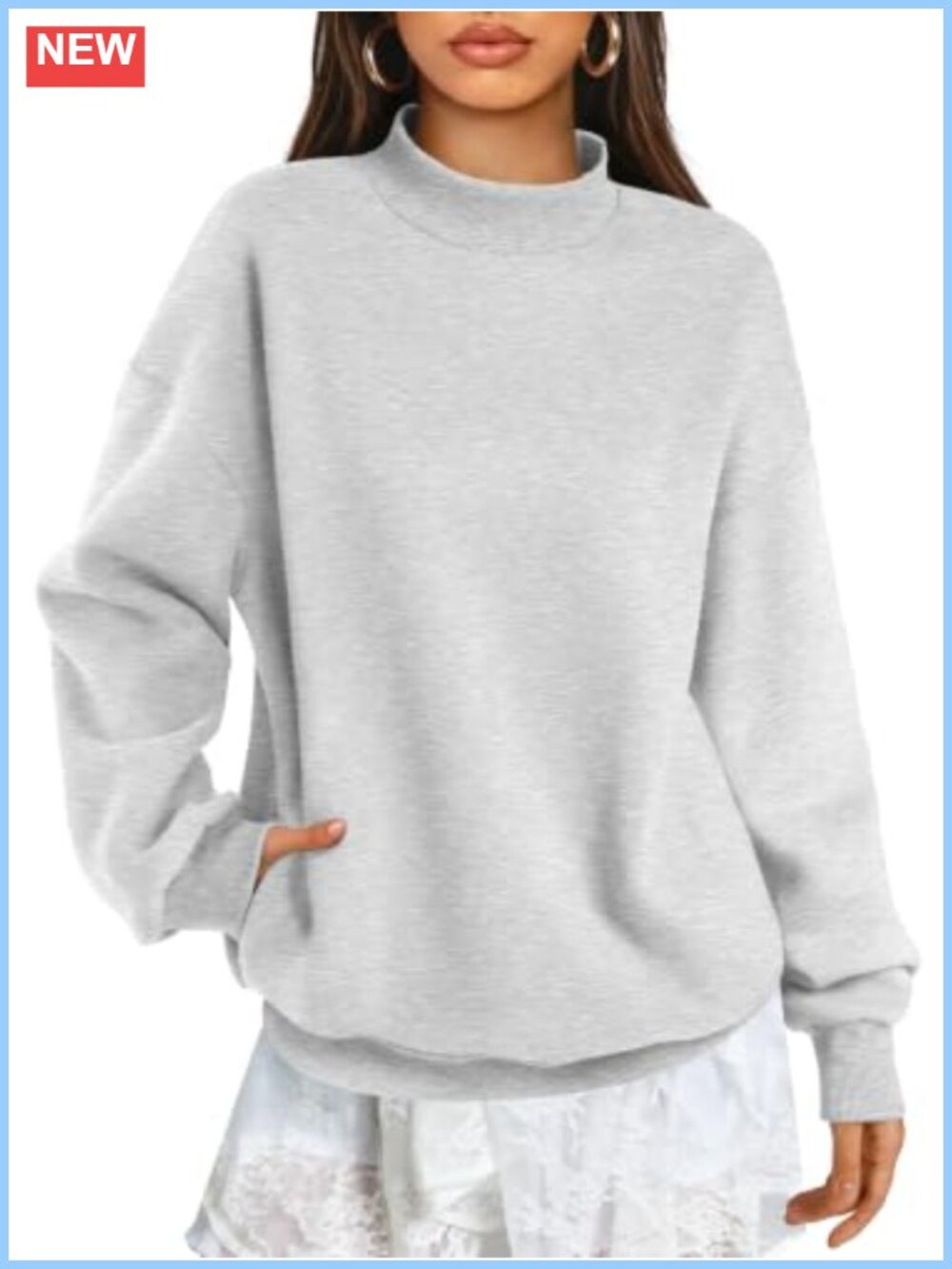 Women's Oversized Cotton Fleece Mock Neck Sweatshirt with Pockets, Casual Long